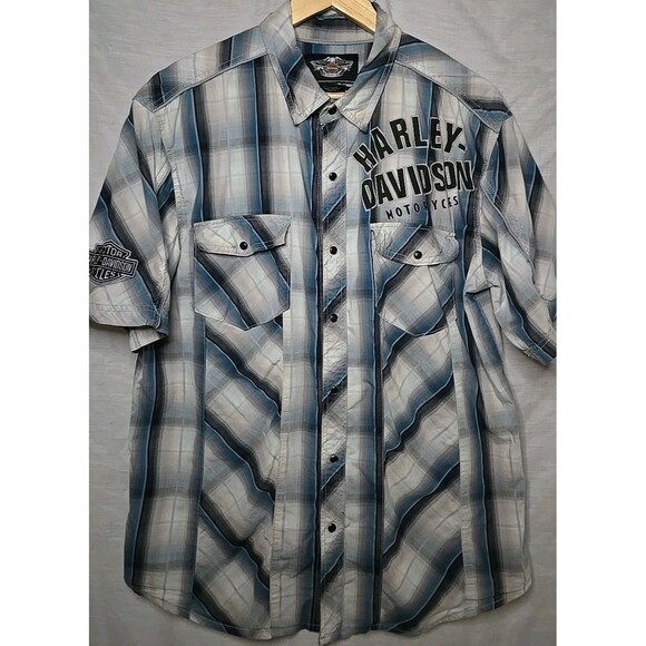 Harley Davidson Pearl Snap Short Sleeve Shirt, Sz Large, Plaid Blue/White Graphi - Picture 1 of 10